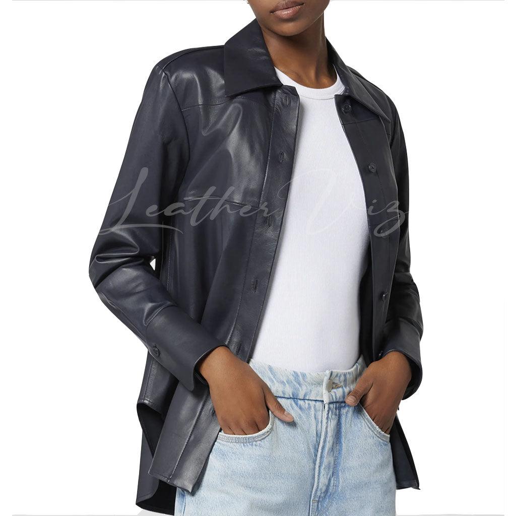 WOMEN BUTTON-DOWN BLACK LEATHER SHIRT - Image #1