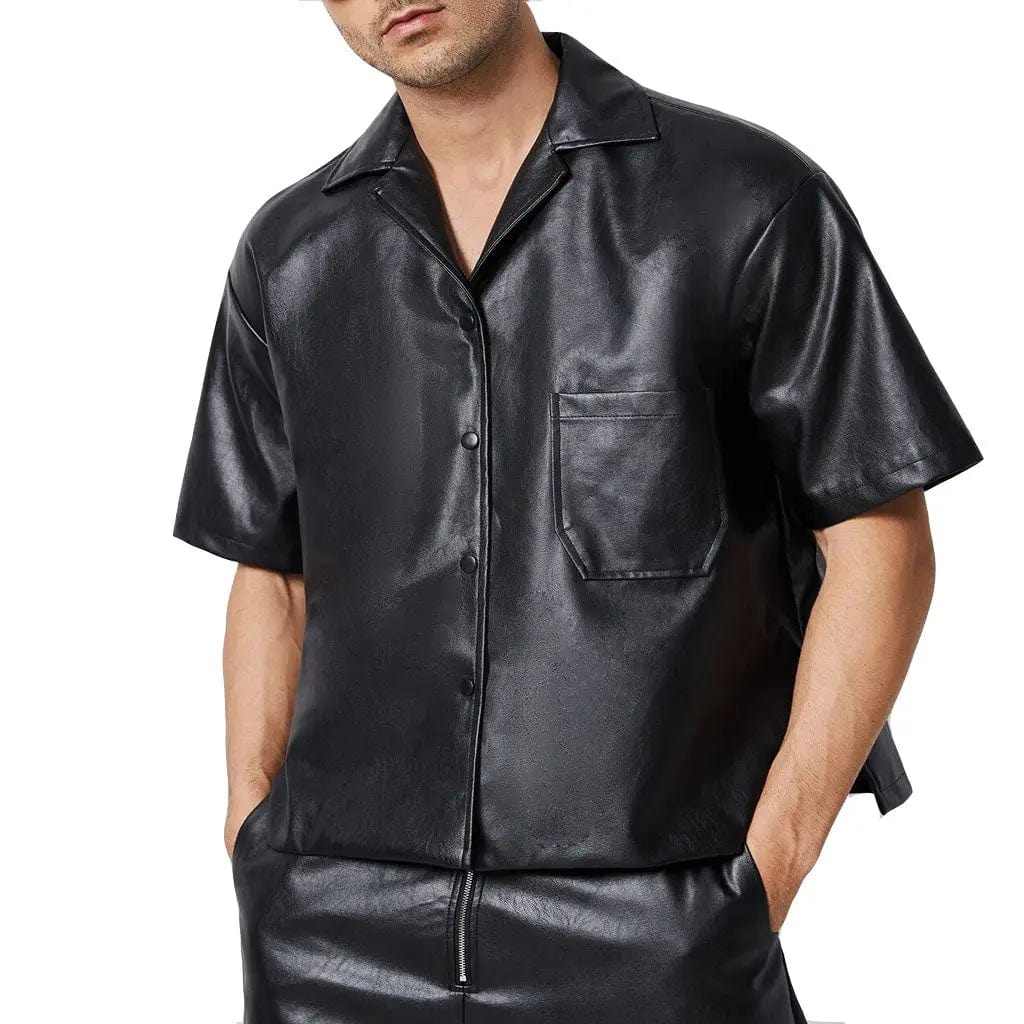 Oversizes Patched Pocket Men Leather Shirt - Image #4