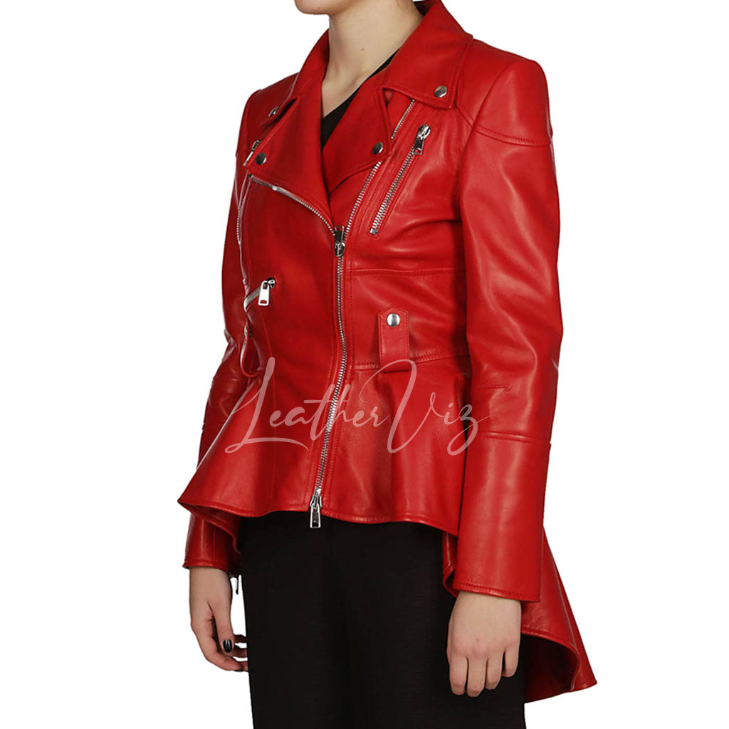 PEPLUM WAIST RED LEATHER JACKET FOR WOMEN