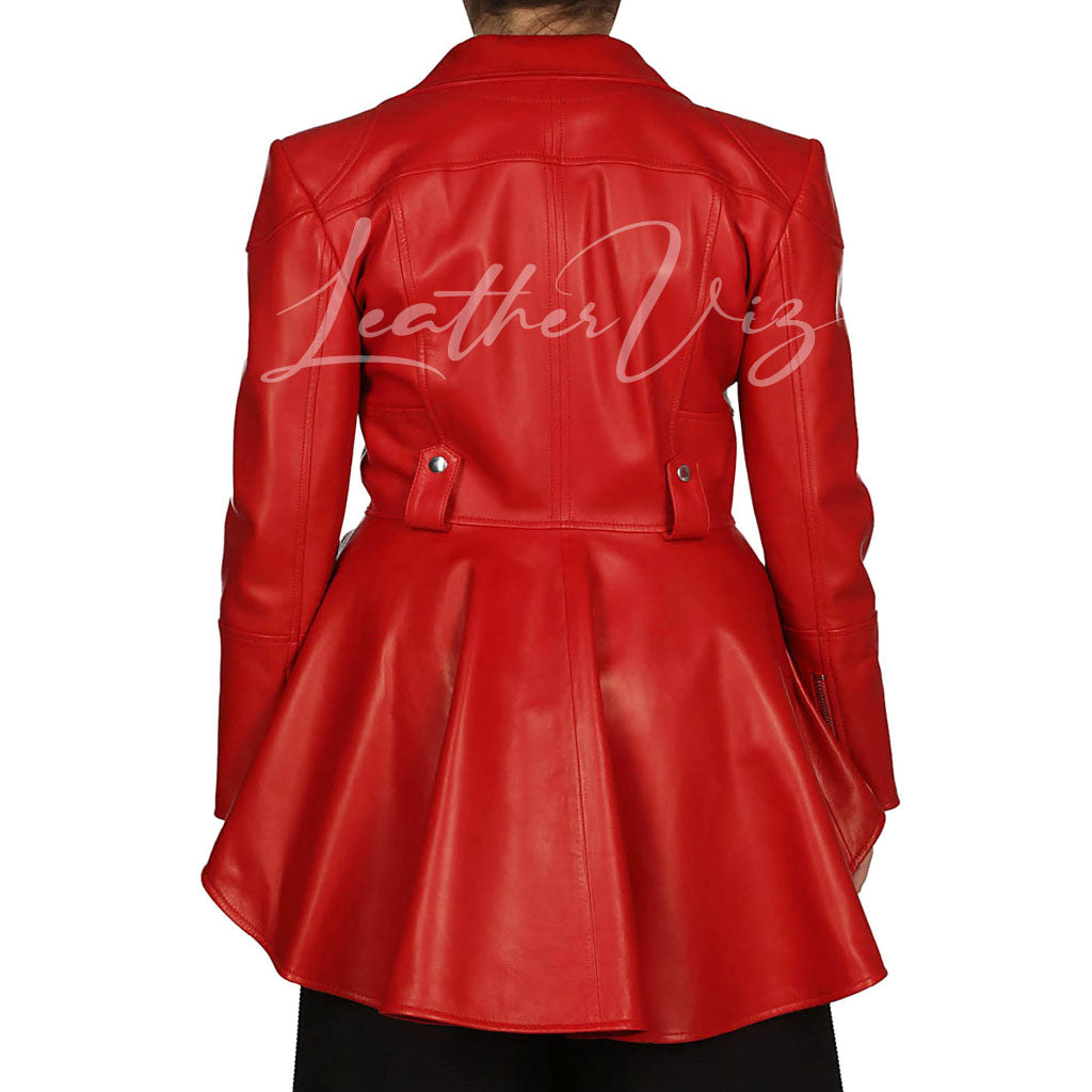 PEPLUM WAIST RED LEATHER JACKET FOR WOMEN