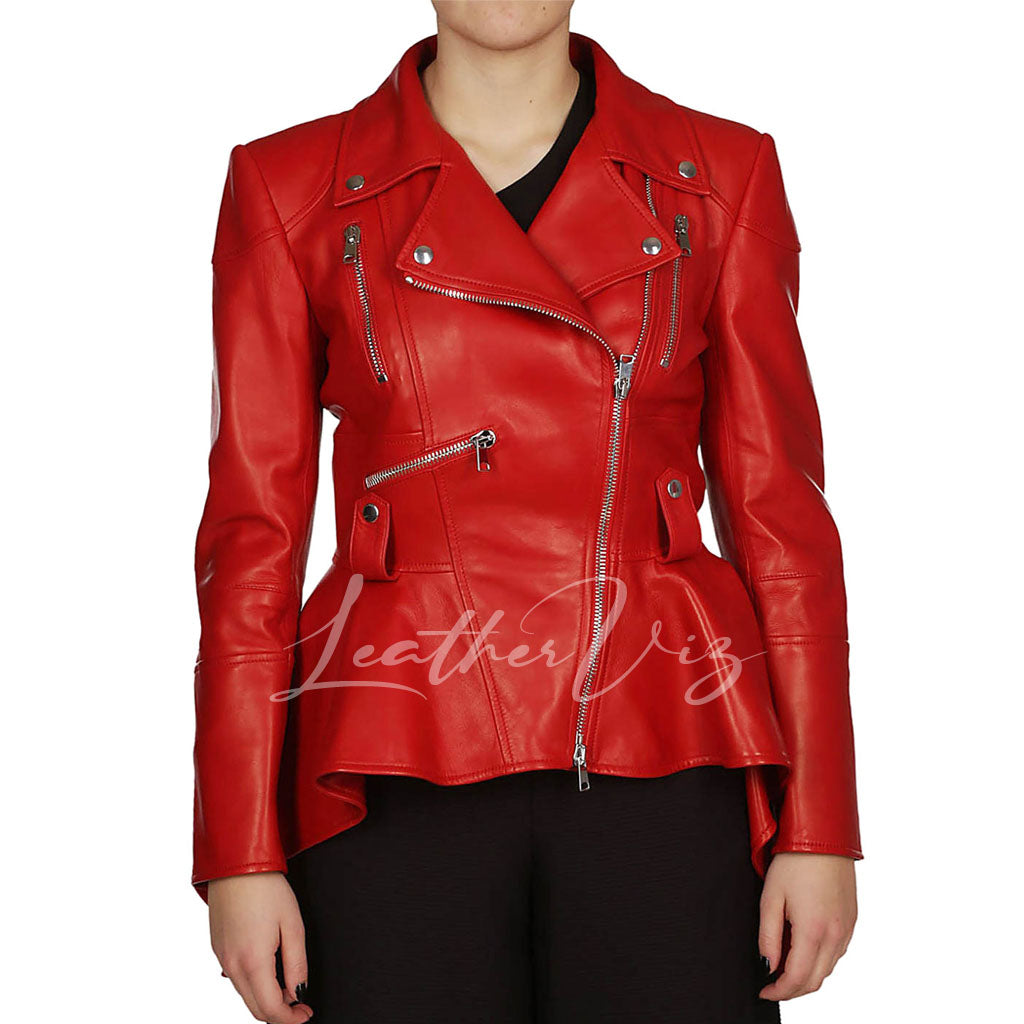 PEPLUM WAIST RED LEATHER JACKET FOR WOMEN