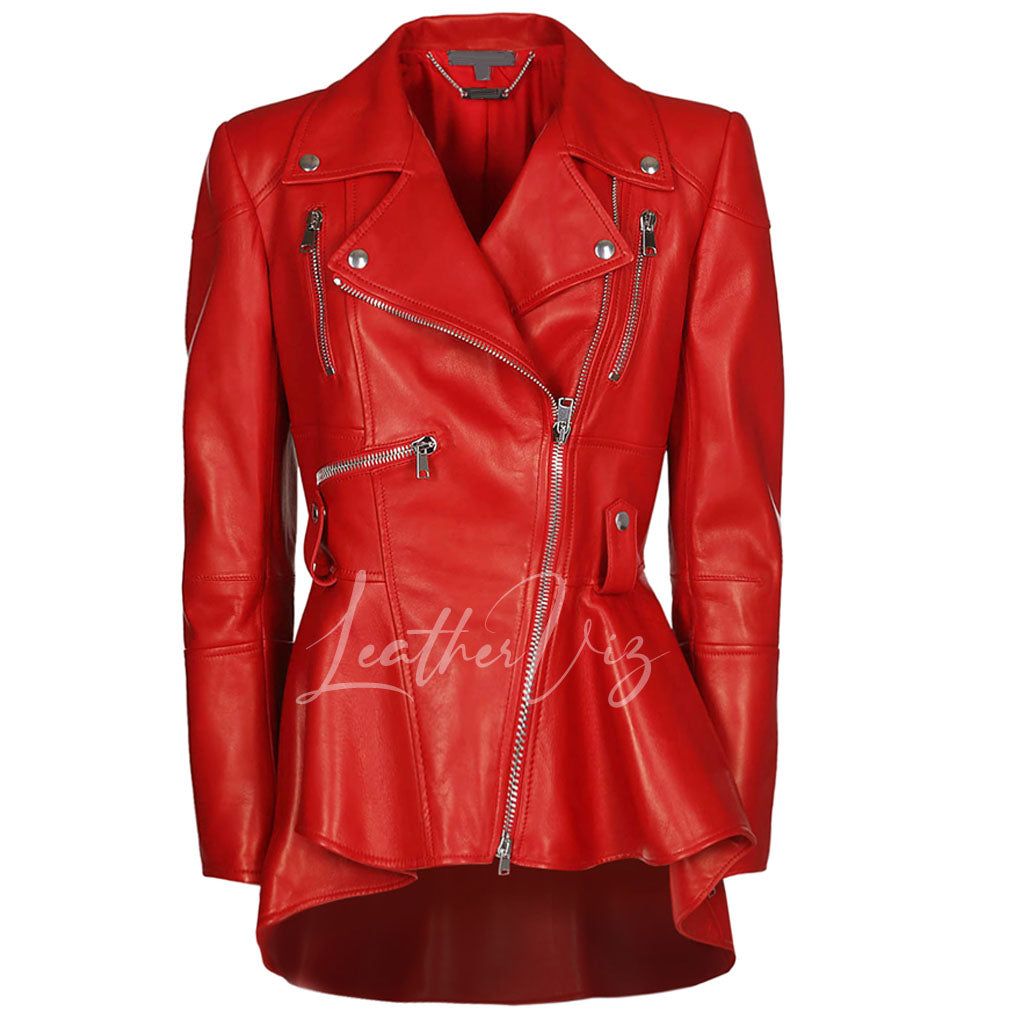 PEPLUM WAIST RED LEATHER JACKET FOR WOMEN